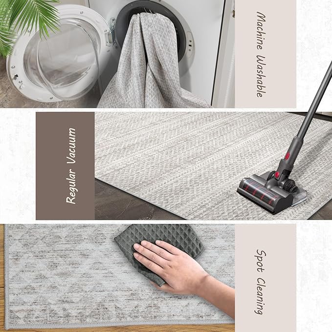 8'x10' Machine Washable Vintage Design Area Rug - Non Slip, Stain Resistant for Home, Office, Machine Washable Area Rug, 8x10 Area Rugs for Living Room (Grey Beige 8x10)…