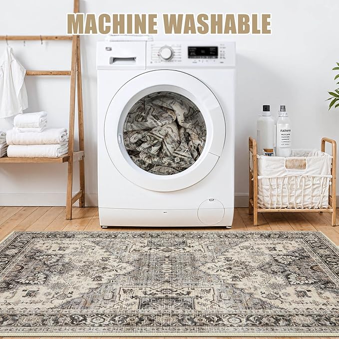 Area Rug for Living Room - 10x14 Soft Machine Washable Oriental Vintage Floral Distressed Large Indoor Floor Carpet for Bedroom Under Dining Table Home Office Decor - Brown