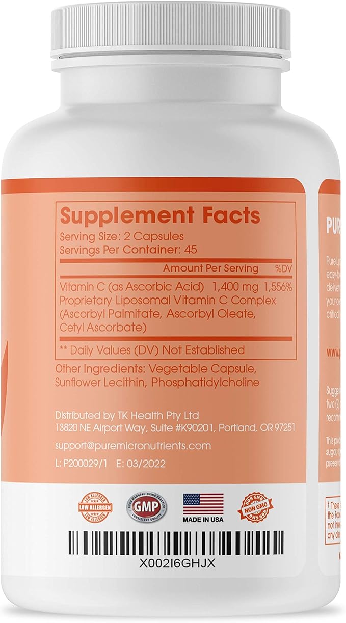 Pure Micronutrients Pure Liposomal Vitamin C - 1400mg Per Serve Supplement - 90 Capsules - High Absorption VIT C Ascorbic Acid Pills
