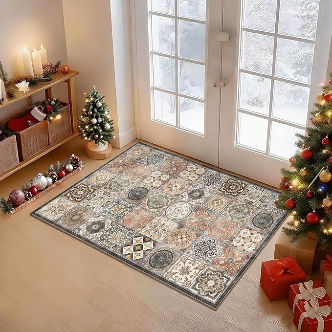 Washable 2'x3' Non Slip Rug Vintage Soft Low Pile Lightweight Small Area Rugs for High-Traffic Areas (Entryway, Kitchen, Hallway), Farmhouse Decor