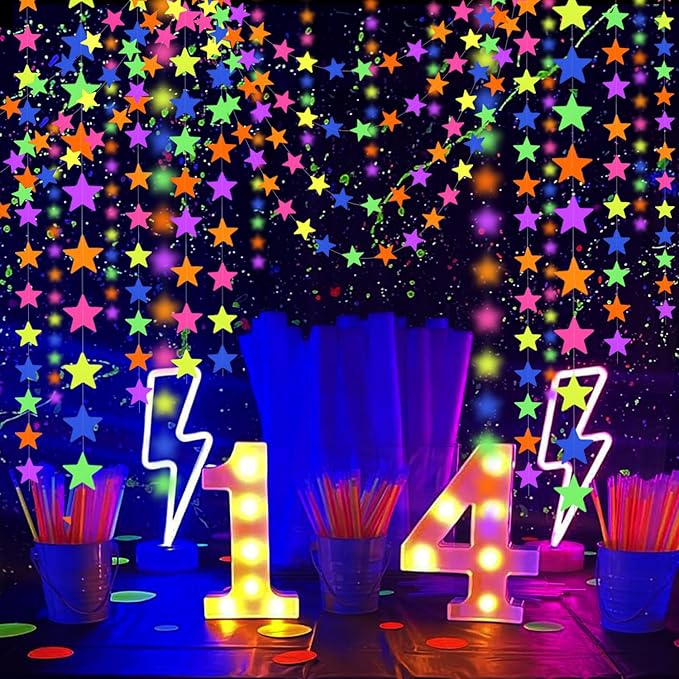120feet UV Star Paper Neon Garland Neon Streamers Black Light Neon Decorations for Dark Glow Party UV Reactive Neon Party Favors Glow in The Dark Party Supplies for Party Wedding Birthday Banners