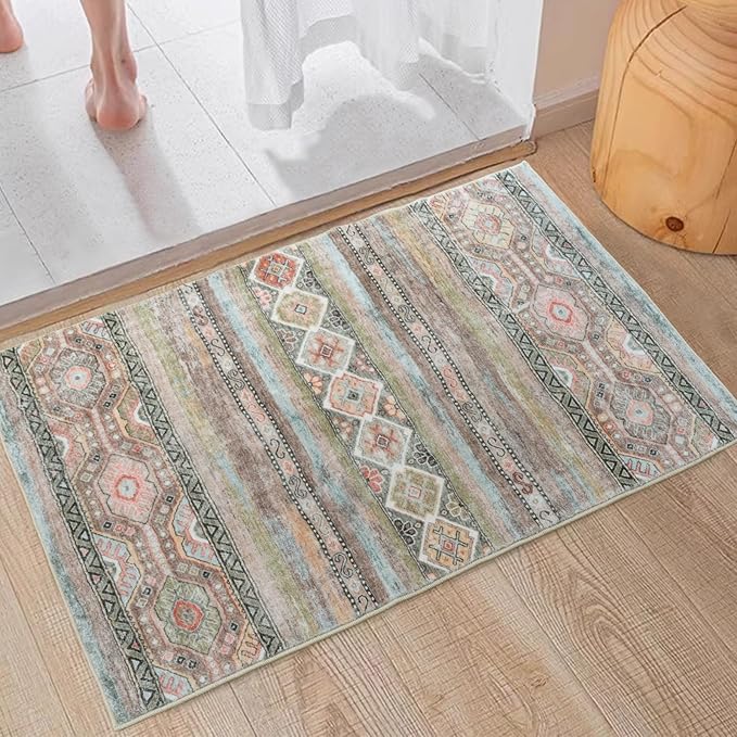 Area Rug 2x3 Distressed Small Entryway Rug Vintage Doormat Faux Wool Non-Slip Washable Low-Pile Floor Carpet for Indoor Front Entrance Kitchen Bathroom (Olive 2x3)