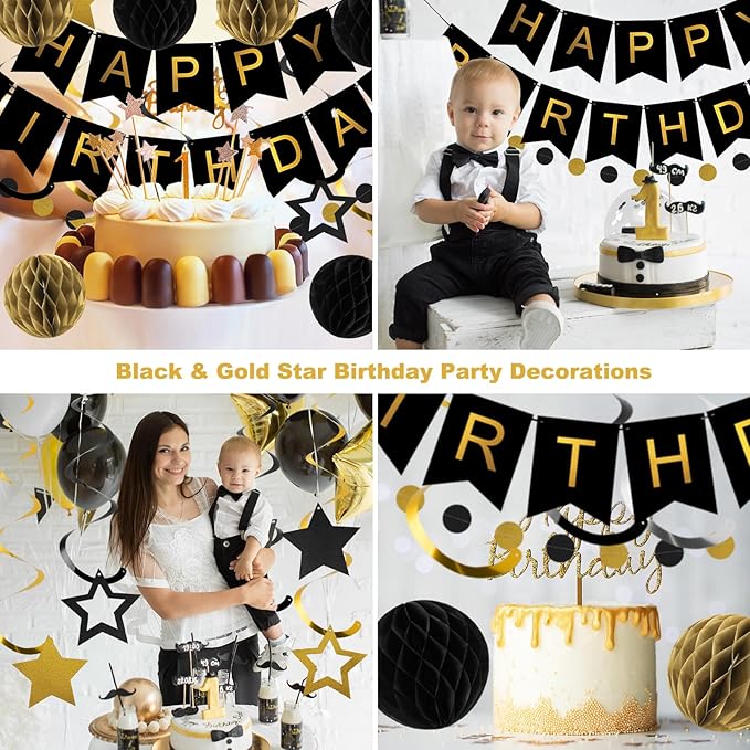 meowtastic Birthday Decorations, Happy Birthday Banner with Honeycomb Balls, Star Hanging Swirl Streamers, Circle Dot Garland, Happy Birthday Party Decorations for Women Men Boys Girls (Black & Gold)