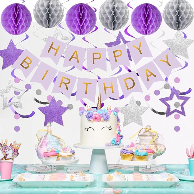 meowtastic Birthday Decorations, Happy Birthday Banner with Honeycomb Ball, Star Hanging Swirl Streamer, Circle Dot Garland, Happy Birthday Party Decoration for Women Men Boys Girls (Purple & Silver)