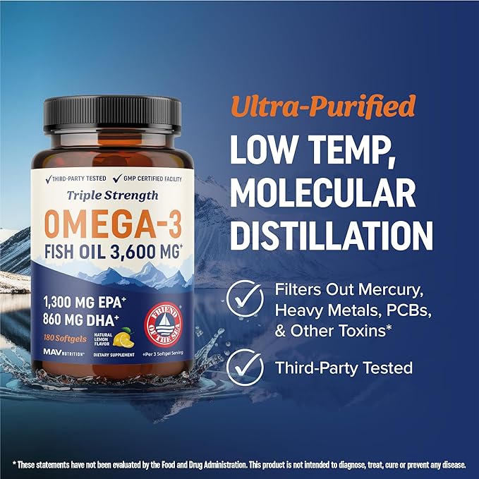 Triple Strength Omega 3 Fish Oil 3600 mg | EPA & DHA | Over 2100mg Omega-3 Fatty Acids | 1300mg EPA + 860mg DHA | Best Essential Fatty Acids | Premium Wild Caught & Burpless Fish Oil | 180 Ct