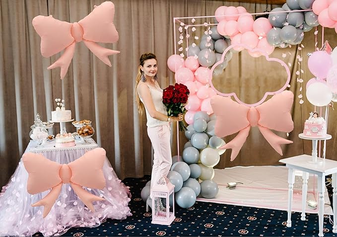 3 Pcs Bow Big Balloon Macaron Pink Bow Theme Birthday Party Baby Shower Girl Party Decoration Suppli ﻿