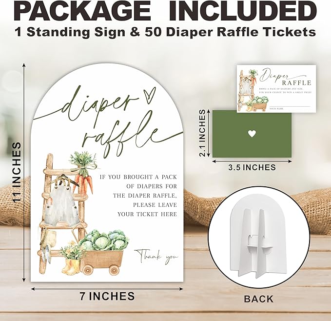 Farmhouse Arch Diaper Raffle Sign with Stand - 7x10 Inch Gender Neutral Baby Shower Game Kit with 50 Tickets, Baby Clothes Carrot Cabbage Print, Rustic Gender Reveal Decor (B05)