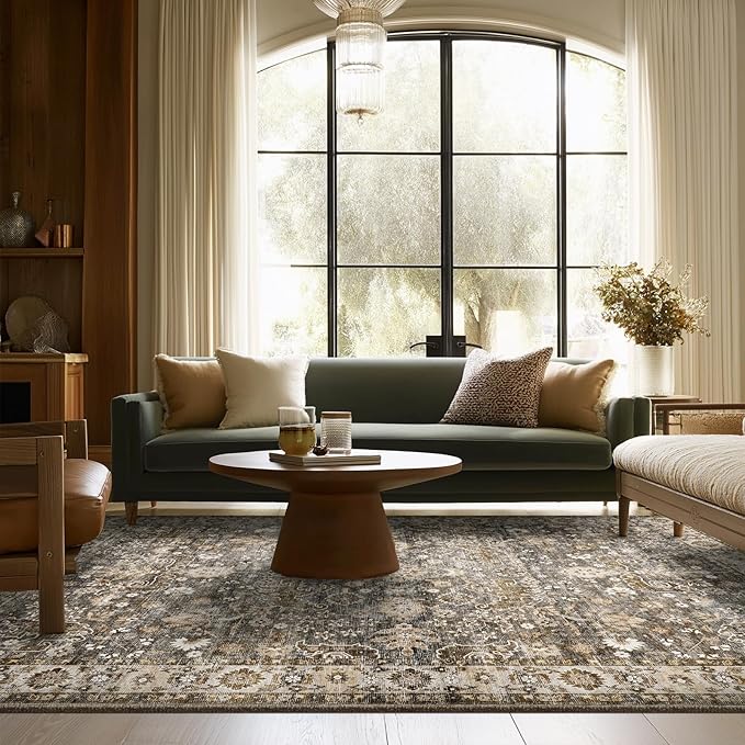 6x9 Washable Rug Vintage Fade Resistant Boho Distressed Non-Slip Indoor Large Carpet Low Pile Lightweight & High-Traffic Safe for Bedroom, Dorm, Playroom - Farmhouse Decor