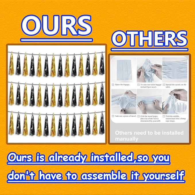 3P Metallic Fringe Tassel Banner Garland Foil Tinsel Streamer Wall Hanging Curtain Backdrop Banner for Parade Floats,Graduation Decorations, Father's Day,New Years Party Decoration(Black Gold)