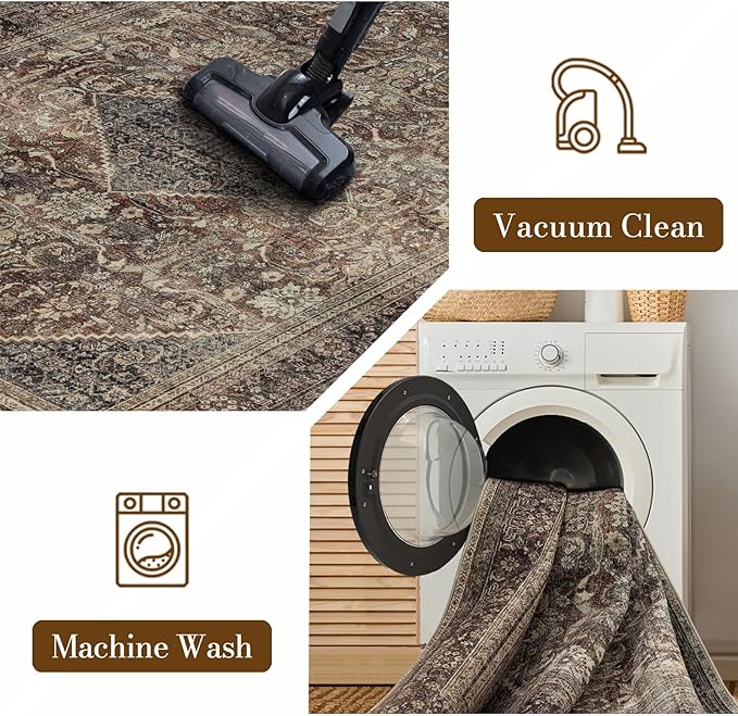 Area Rug 9×12, Large Vintage Boho Rug,Ultra-Soft Low Pile, Washable, Non Slip,Stain Resistant, Printed Carpet for Living Room Bedrooms Playroom Office Kitchen,Oat/Antiquity