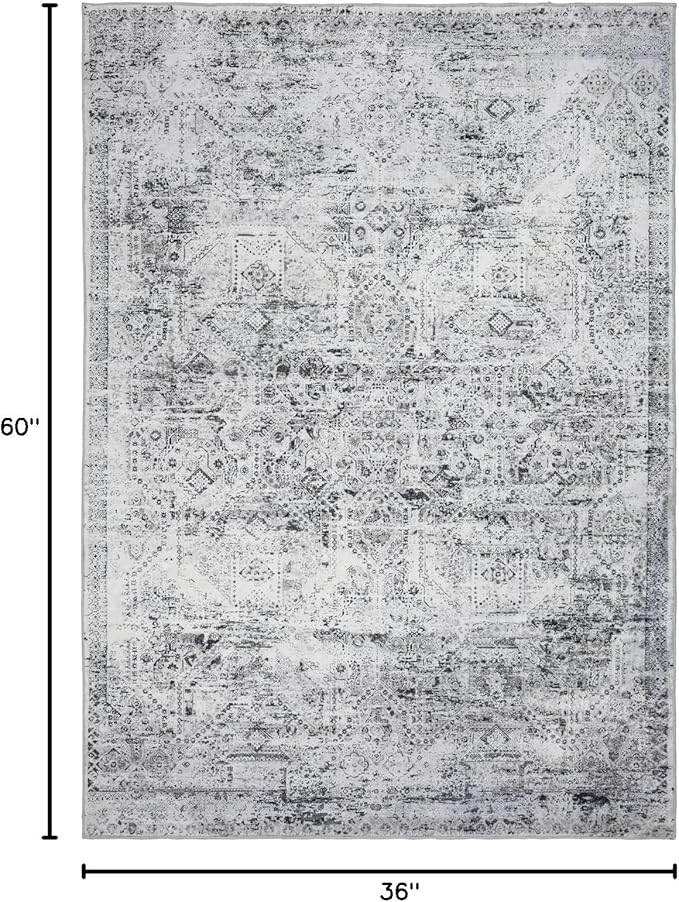 Area Rug 3×5, Vintage Boho Rug,Ultra-Soft Low Pile, Washable, Non Slip,Stain Resistant Printed Carpet for Living Room Bedrooms Playroom Office Kitchen, Classic-Grey