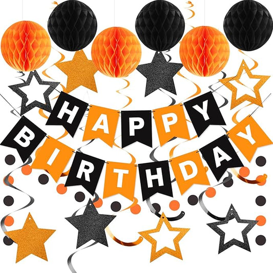 meowtastic Birthday Decorations, Happy Birthday Banner with Honeycomb Balls, Star Hanging Swirl Streamers, Circle Dots Garland, Happy Birthday Party Decorations for Women Girls (Black & Orange)