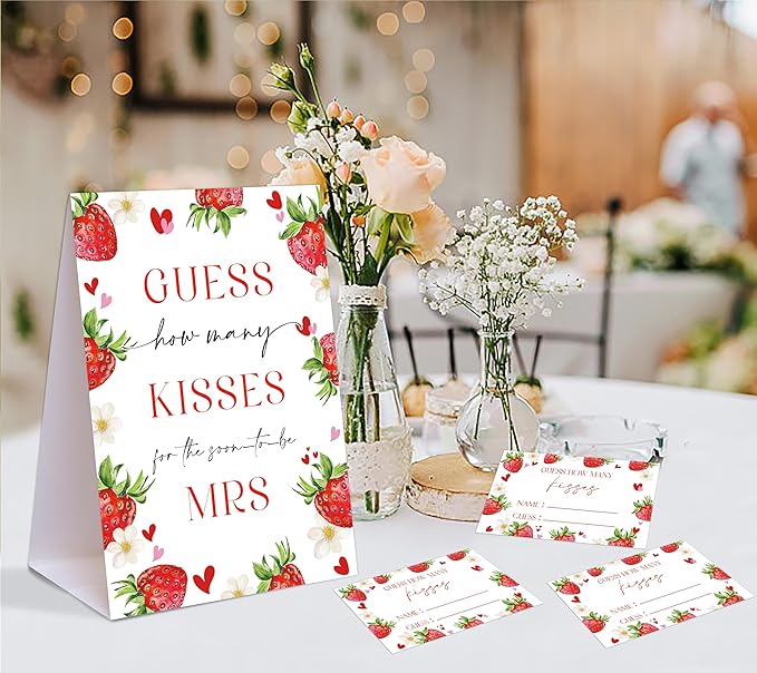Strawberry Themed How Many Kisses for the Soon to Be Mrs, 1 Tabletop Sign and 50 Cards, How Many Kisses Bridal Shower Game for Bachelorette Night Wedding Event & Party Supplies