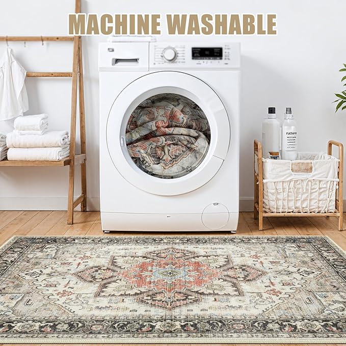 Area Rug for Living Room - 5x7 Soft Machine Washable Oriental Vintage Floral Distressed Large Indoor Floor Carpet for Bedroom Under Dining Table Home Office Decor - Multi Cream