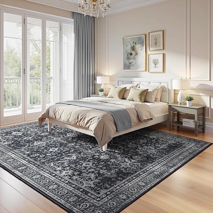 Lofus 8x10 Area Rug for Living Room,Black Washable Area Rugs with Non-Slip Backing,Soft Boho Carpets for Bedroom Dining Room Home Office Indoor Nursery