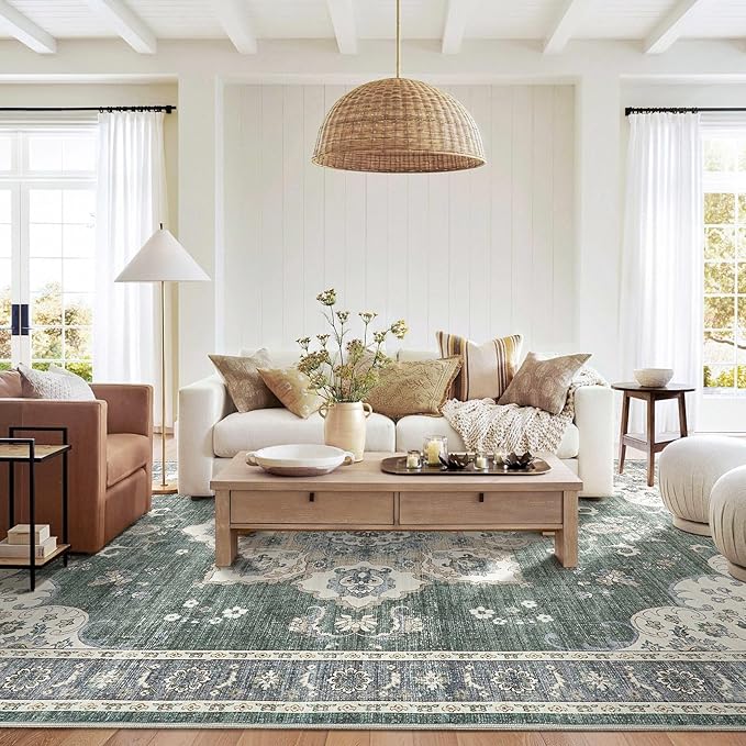 Area Rug for Living Room - 8x10 Soft Washable Oriental Vintage Floral Distressed Large Carpet - Fade Stain Resistant Non Slip Rugs for Bedroom Dining Room Nursery Dorm Office Home Decor - Green