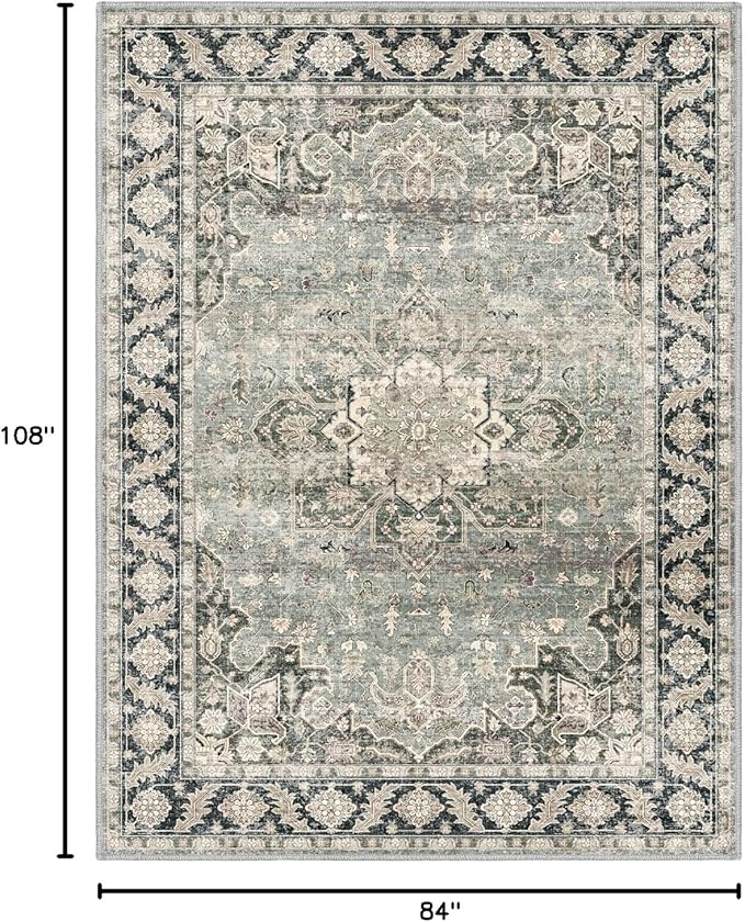 7X9 Area Rugs - 7X9 Washable Area Rug Indoor Vintage Rug Print Rug Low-Pile Floor Carpet for Living Room, Bedroom (Olive Charcoal)
