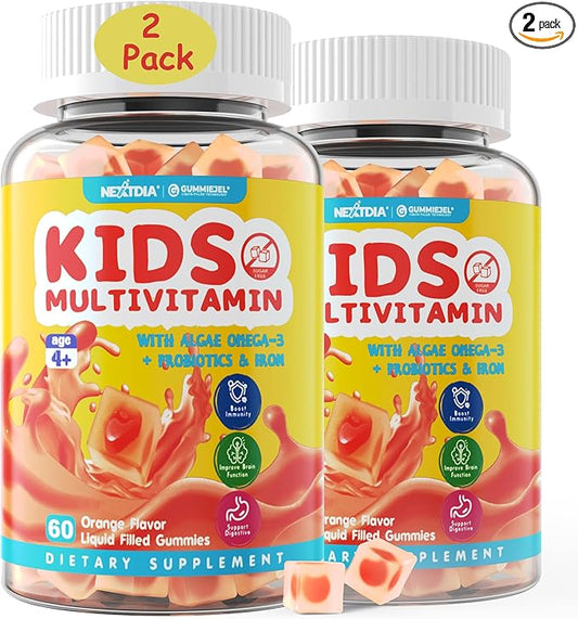 (2 Pack) Kids Multivitamin Gummies with Iron, Sugar Free, Kids Daily Vitamins + Probiotics, Algae Omega 3 (EPA/DHA), A, C, D, Methyl B12, Folate, B6, Zinc, Biotin, for Healthy Growth, Immune Support