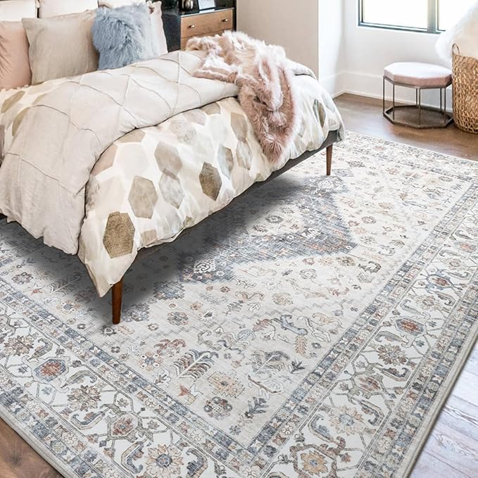 Washable Vintage Area Rug 8x10 - Large Soft Traditional Farmhouse Ultra-Thin Rug for Living Room, Bedroom, Dining Room and Home Office - Distressed Oriental Reto Indoor Floor Carpet Rug…