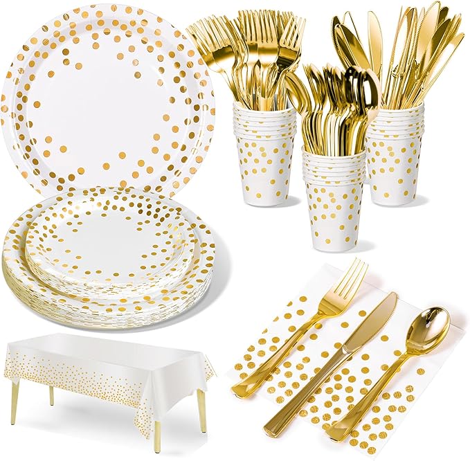 141 Pieces White Gold Party Supplies, Disposable Party Decorations Sets Include Paper Plates Napkins Cups, Plastic Forks Knives Spoons, for Baby Shower Birthday Wedding -20 Guests