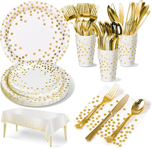 141 Pieces White Gold Party Supplies, Disposable Party Decorations Sets Include Paper Plates Napkins Cups, Plastic Forks Knives Spoons, for Baby Shower Birthday Wedding -20 Guests