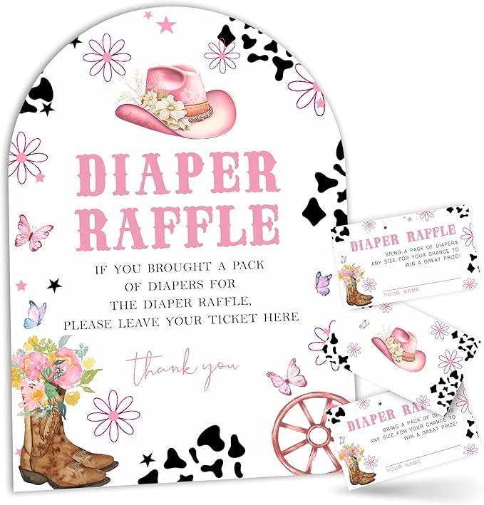 Pink Cowboy Baby Shower Decor, Diaper Raffle Game Kit with Stand - 7x10 Inch Sign & 50 Tickets, Floral Boot Hat Butterfly Print, Western Theme Gender Neutral Party Supplies (B06)