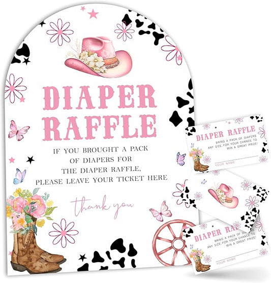 Pink Cowboy Baby Shower Decor, Diaper Raffle Game Kit with Stand - 7x10 Inch Sign & 50 Tickets, Floral Boot Hat Butterfly Print, Western Theme Gender Neutral Party Supplies (B06)