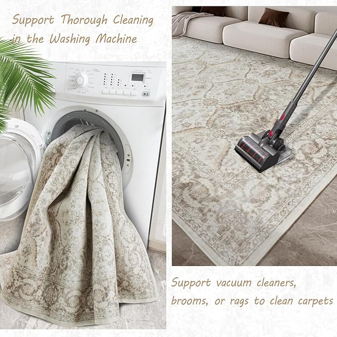 7x9 Machine Washable Non Slip Vintage Area Rugs for Living Room, Low Pile Lightweight Print Rug for Bedroom, Dining Room, Home Office, Beige Gray