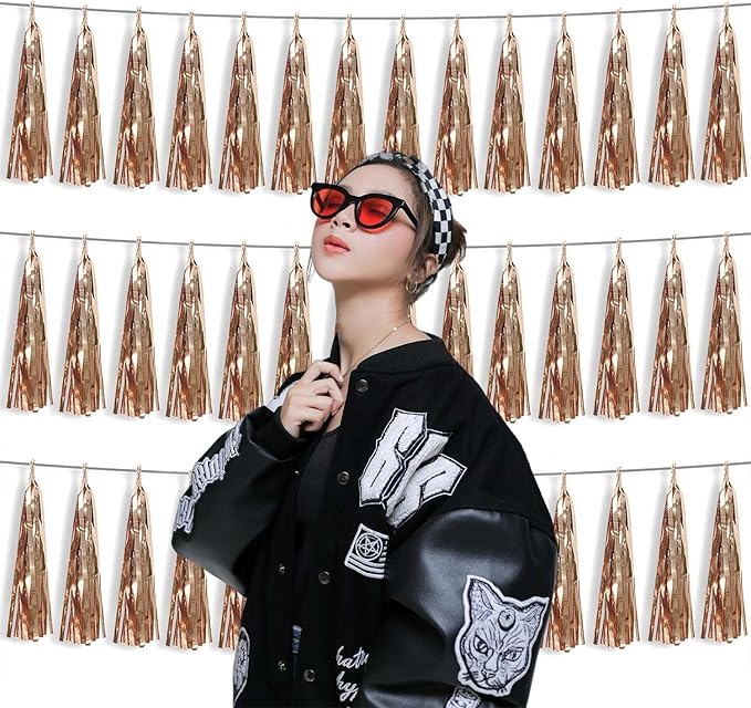 3P Metallic Fringe Tassel Banner Garland Foil Tinsel Streamer Wall Hanging Curtain Backdrop Banner for Parade Floats, Graduation Decorations, Wedding Party Decoration(Champagne Gold)