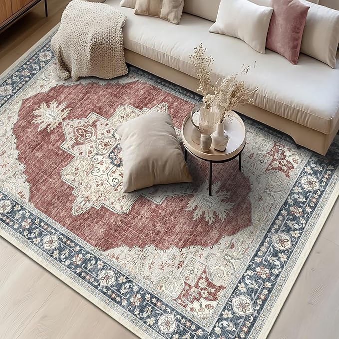 7X9 Washable Vintage Area Rug Boho Distressed Design Non-Shedding Carpet Easy Care Ideal for High Traffic Areas (Brick/Beige, 7x9)