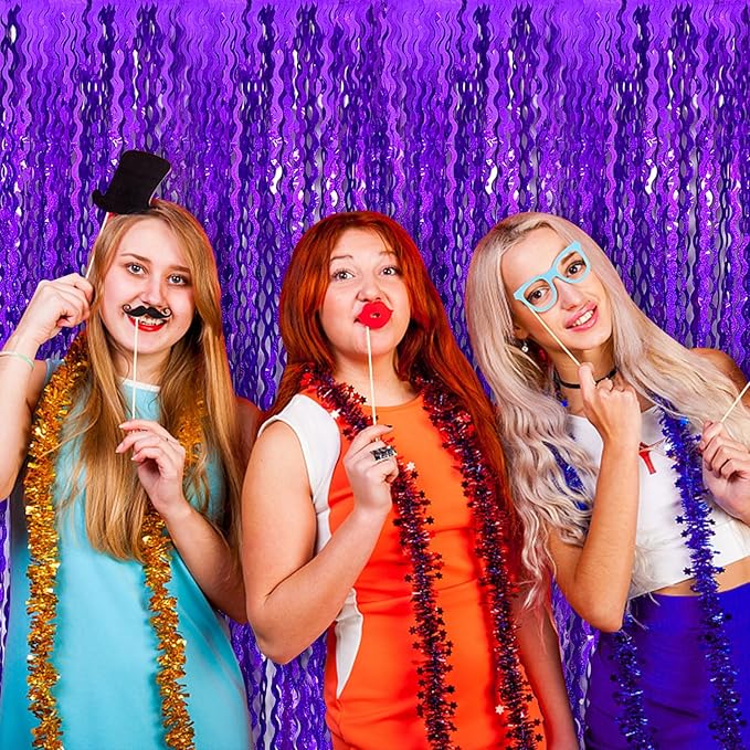 2 Pack Purple Backdrop Tinsel Foil Fringe Curtains Sparkle Metallic Wavy Foil Fringe Backdrop Curtain Photo Booth Props for Halloween Party Decorations Birthday Graduation Bachelorette