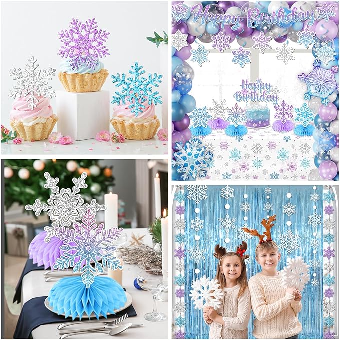 Snowflake Birthday Party Decorations, Blue Purple Winter Wonderland Decorations Kit include Fringe Curtain,Snowflake Garland,Balloon,Banner,Cake Topper,Tablecloth for Winter Snowflake Party Decor