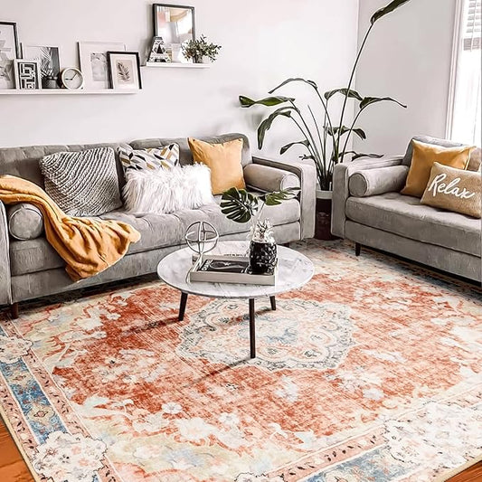 MUJOO 8'x10' Area Rugs for Living Room Large Washable Rug Boho Carpet 8'x10' for Bedroom Non Slip Abstract Soft Low-Pile Orange Navy Blue Floral