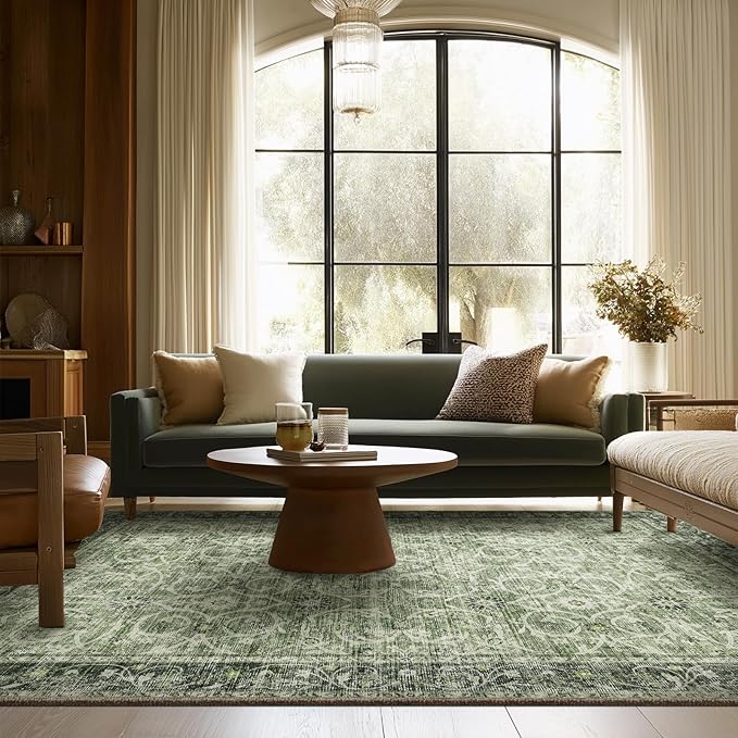 6x9 Washable Rug Vintage Fade Resistant Boho Distressed Non-Slip Indoor Large Carpet Low Pile Lightweight & High-Traffic Safe for Bedroom, Dorm, Playroom - Farmhouse Decor