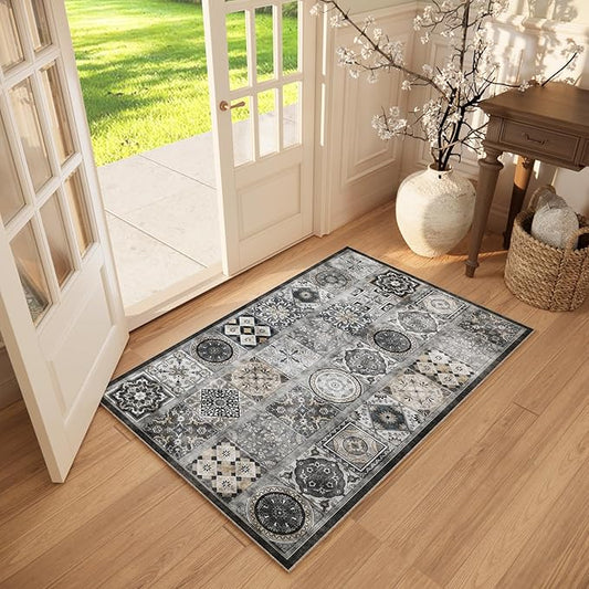 Washable Entryway Rug 3'x5 Non-Slip Backing Vintage Indoor Rug Low Pile Lightweight Carpet for High-Traffic Indoor Entrance & Kitchen
