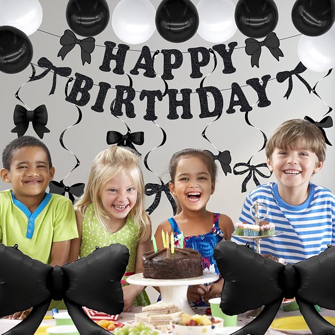 FBQ 24 Pcs Black Bow Happy Birthday Banner Bow Hanging Swirls Black Bow Foil Balloons Latex balloon Butterfly Themed Birthday Party Decorations Supplies