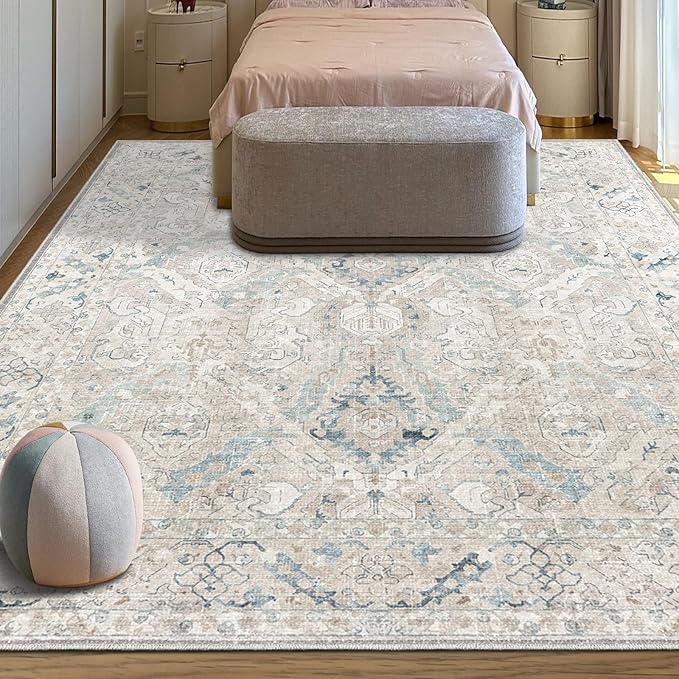 8x10 Area Rugs for Living Room, Machine Washable Non Slip Vintage Retro Rugs, Low Pile Lightweight Chenille Print Indoor Rug for Bedroom, Dining Room, Home Office(Grey/Blue/TAN/Teal/Green)