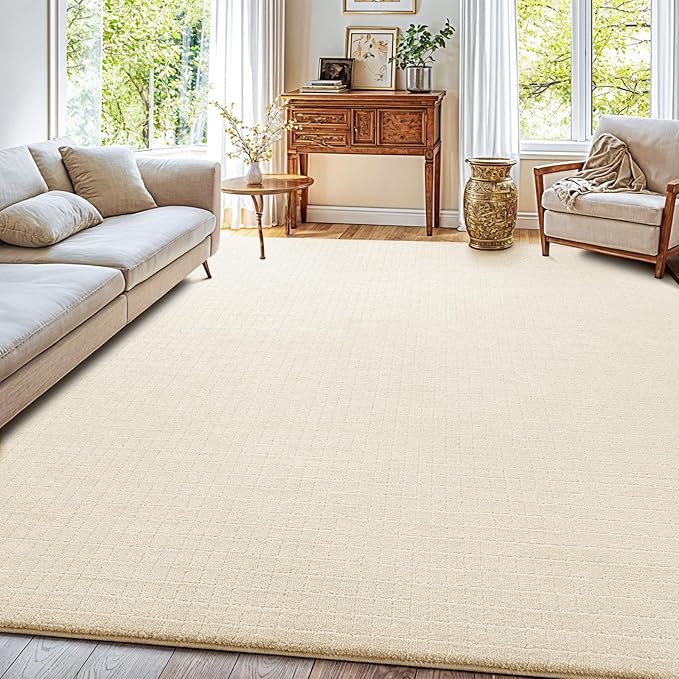 Shilucheng Wool Rug 4x7 Ft, 80% New Zealand Wool& 20% Cotton Rugs for Living Room, Bedroom, Soft Low Pile Area Rug 100% Cotton Non-Slip Backing Large Area Rug (Beige/White)