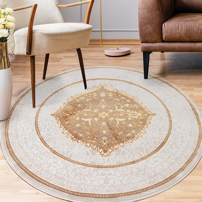 Antep Rugs Babil Gold 5x5 Oriental Bordered High Low Textured Traditional Indoor Area Rug, Beige Gold, 5'3" Round