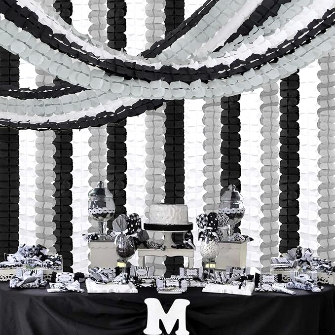 Black White-Silver Party-Decorations Streamers Garland - 157Ft Graduation Four-Leaf Clover Hanging Banner,Men Boys Birthday Engagement Wedding Baby Bridal Shower New Years Supplies Decor Hugtmr