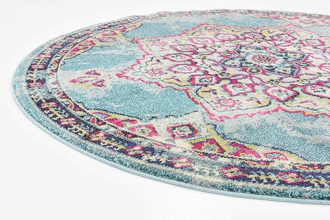 Unique Loom Medici Collection Floral Medallion Traditional Vintage Light Blue Round Rug (6' 0 x 6' 0)