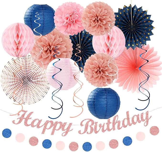 Pink Rose-Gold Navy-Blue Birthday Party-decorations - 21pcs Women Girl Happy Banner Garland, Paper Streamers Lanterns,Flower Tissue Pom Poms Fan Supplies, Princess Wall Backdrop Decor Huglony