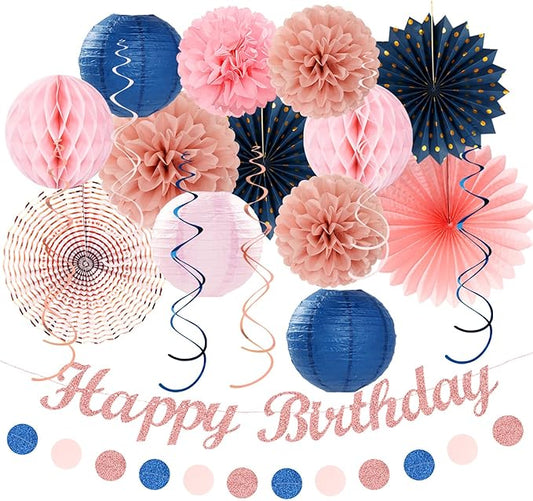 Pink Rose-Gold Navy-Blue Birthday Party-decorations - 21pcs Women Girl Happy Banner Garland, Paper Streamers Lanterns,Flower Tissue Pom Poms Fan Supplies, Princess Wall Backdrop Decor Huglony