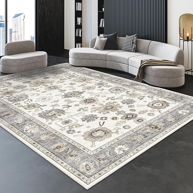 8x10 Washable Vintage Area Rug - Bedroom, Dining Room and Home Office - Distressed Oriental Reto Indoor Floor Carpet Rug(Cream Grey, 8x10)