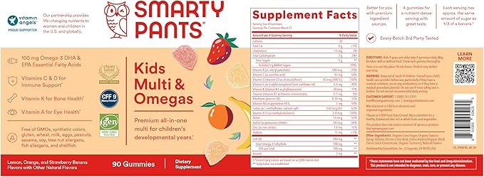 SmartyPants Kids Multivitamin Gummies: Omega 3 Fish Oil (EPA/DHA), Vitamin D3, C, Vitamin B12, B6, A, K & Zinc for Immune Support, Biotin, Gluten Free, Three Fruit Flavors, 90 Count (22 Day Supply)