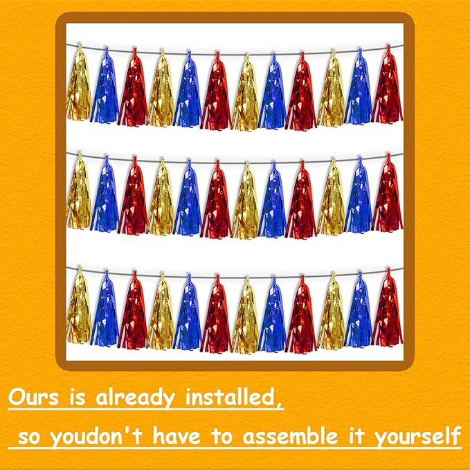 3P Gold Blue Red Foil Fringe Tassel Banner Metallic Tinsel Streamer Garland Wall Curtain Backdrop for Parade Floats, Graduation, Halloween, Christmas, Baby Bridal Shower Party Decorations