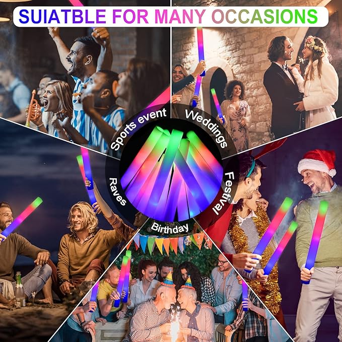 LifBetter 200 Pcs Foam Glow Sticks Bulk,Led Glow Sticks with 3 Modes Colorful Flashing,Long Life Battery Glow In The Dark Party Supplies for Weddings,Parties,Festivals,Sporting Events