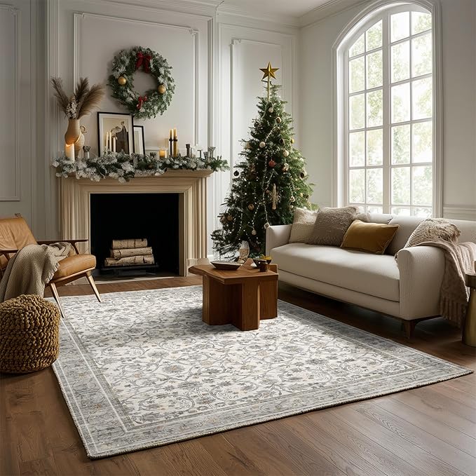 Washable Area Rugs 5'x7' Non-Slip Vintage Boho Distressed Fade Resistant Low Pile Carpet for High-Traffic Living Room, Bedroom & Dining Room