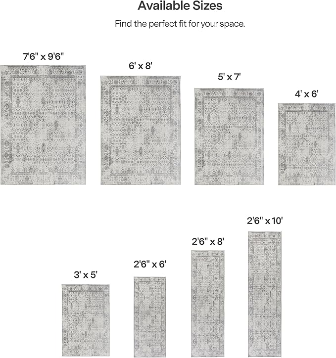 ReaLife Rugs Machine Washable Area Rug Runner - Living Room Bedroom Bathroom Kitchen Entryway Office - Padded Low Pile Stain Resistant Premium - Boho Farmhouse Vintage - Noor - Ivory Grey 2'6" x 6'