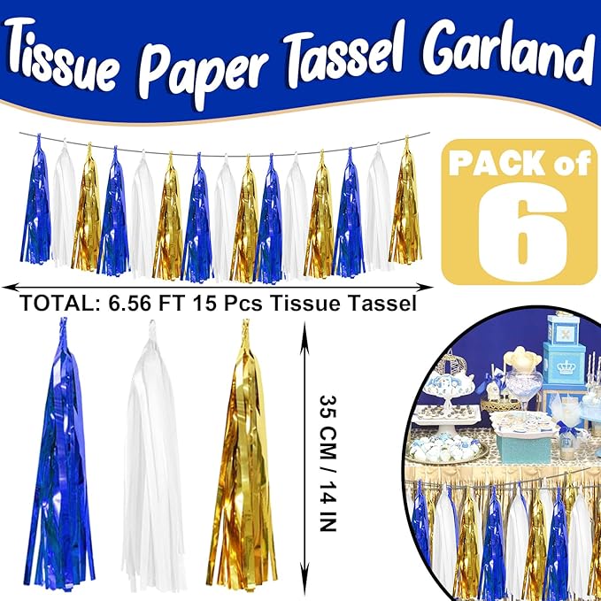 6P Navy-Blue White-Gold Foil Fringe Metallic Tassel-Garland, Tassels Banner Streamers for Parade Floats, Bachelorette, Wedding, Birthday, Graduation, Christmas, Bridal/Baby Shower Party Decorations